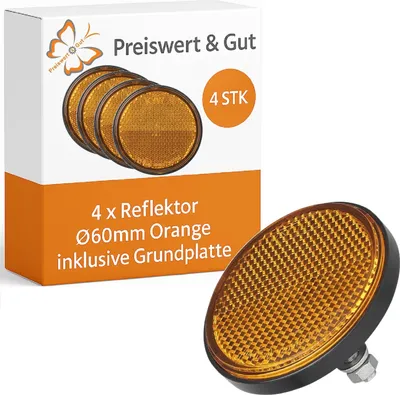 Produktbild von 4 x Reflektor Ø60mm Orange – Katzenaugen E Rückstrahler für den Anhänger Reflektoren als Inklusive Grundplatte