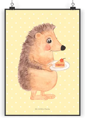Produktbild von Mr. & Mrs. Panda Bild Igel Kuchenstück DIN A4 - Gelb Pastell - Geschenk, Lustige Sprüche, Design Poster, Kuchen Backen, Plakat, wanddeko, Geburtstagskuchen, Wandbild