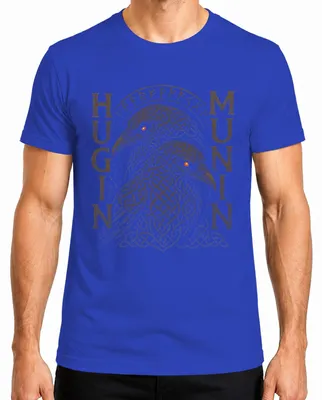 Imagen del producto de Camiseta para hombre, azul, talla XL, con motivos nórdicos: cuervos Hugin y Munin, mitología vikinga, guerreros rúnicos