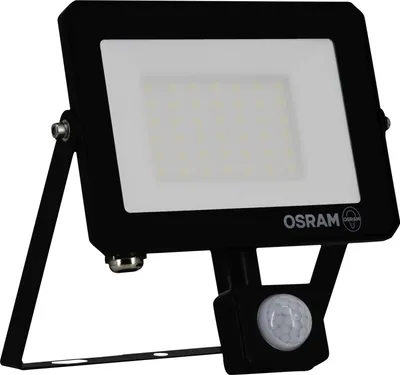 A black OSRAM LED floodlight with a motion sensor is shown against a white background.