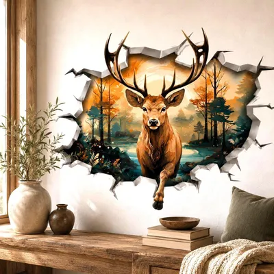 Hirsch mit 3D-Mauerdurchbruch-Effekt – Decords Wandtattoo, Produktansicht 1