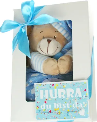 Produktbild von Baby Musikspieluhr in blau rosa | Geschenkbox Spieluhr Bär + Grußkarte – blau