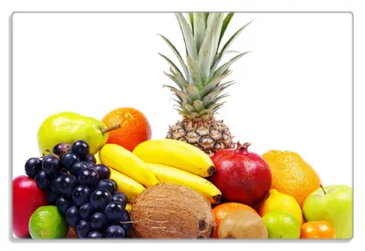 Produktbild von Wallario Frühstücksbrettchen aus Glas 20 x 30 cm mit rutschfesten Füßen, Motiv Gemischtes Obst aus aller Welt - Exotische Obstsammlung