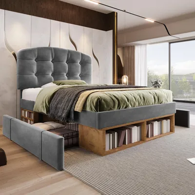 Produktbild von Flieks Polsterbett 90x200cm mit Schubladen, Stauraumbett Einzelbett mit Staufächern, Jugendbett Kinderbett mit verstellbarem Kopfteil, Samt, Grau