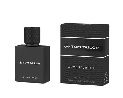 A black bottle of Tom Tailor Adventurous Eau de Toilette and its matching black box are displayed against a white background.