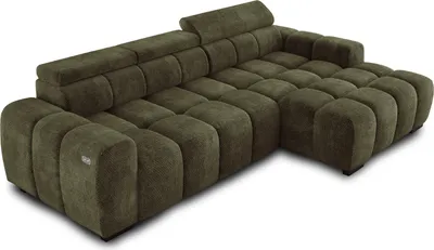 Produktbild von Ecksofa OMBO 285x168x77/97 cm, Rechte Seite Mit Schlaffunktion, Elektrisch Ausziehbarer Sitzfläche, Verstellbaren Kopfstützen, Dunklen Buchenholzfüßen, Hydrophobem EDEN-Bezugstoff - Olivgrün