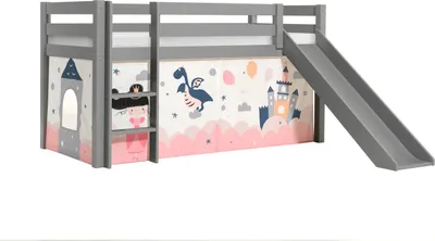 Produktbild von Halbhohes Bett Pino mit Rutsche und Textilset Drache Kiefer Grau lackiert