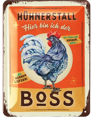 Produktbild von LANOLU Retro Blechschild Hühnerstall - BOSS - Hühner Zubehör, lustige Schilder mit Sprüchen, Deko Hühnerstall, Garten Schild, 15x20cm