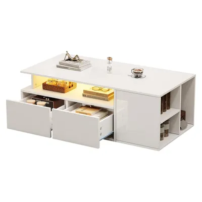 Produktbild von Couchtisch,Teetisch mit LED,Sofatisch mit 2 Schubladen, Kaffeetisch mit Gesamttragfähigkeit von 60kg, Weißer Wohnzimmertisch mit viel Stauraum