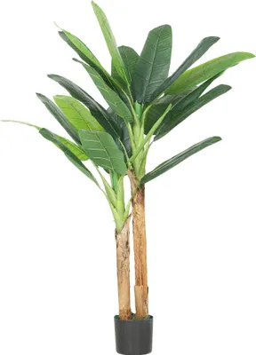 Obrázek produktu pro Banánovník – umělá rostlina – výška 150 cm – s květináčem – 2 kmeny – plast – interiér – zelená