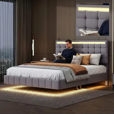 Image de Lit suspendu ProximaX en lin gris 160 x 200 cm avec éclairage LED, station de recharge USB et tête de lit réglable en hauteur