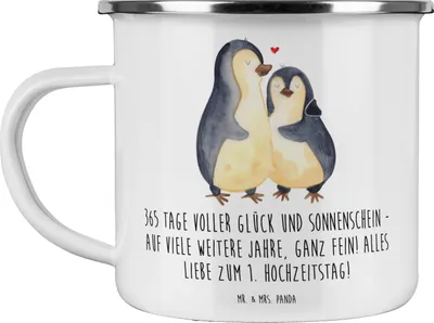 Produktbild von Mr. & Mrs. Panda Teetasse 1. Hochzeitstag Papierhochzeit - Weiß - Geschenk, Campingtasse, Emaille Tasse, Heirat, Geschenke, Glückwünsche, Heiraten, Haferl, erster, Liebe