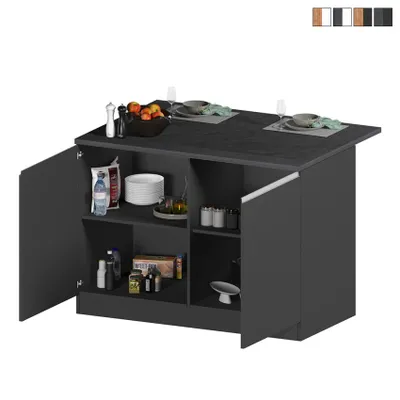 Image de Îlot de cuisine moderne avec 2 portes, table en bois 125 x 90 x 90 cm, Deer - Noir - Gris