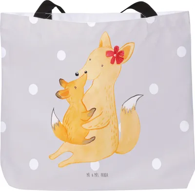 Produktbild von Mr. & Mrs. Panda Tote Bag Fuchs Mama - Grau Pastell - Geschenk, Stoffbeutel, Schoß, Muttertag, Laptoptasche, Umarmen, Reisetasche, Strandtasche, Tasche, Mutter