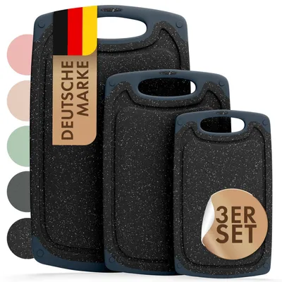 Produktbild von Schneidebrett-Set mit 3 Größen (S/M/L) – Großes Kunststoff-Schneidebrett mit Saftrillen und Griff – BPA-freies, robustes schwarzes Küchenschneidebrett