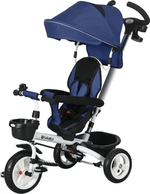 Productafbeelding van 2-in-1 driewieler met duwstang, kinderfiets, veiligheidsgordel, opvouwbaar, zonnedak, bekerhouder, mandje, pedalen, geschikt voor kinderen van 1-5 jaar, blauw