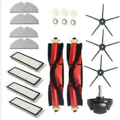 A collection of robot vacuum cleaner accessories laid out on a white background.