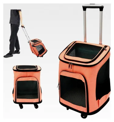 Produktbild von Hundetransportbox mit Rollen und Faltfunktion, Katzenrucksack mit Teleskopgriff, Transportbox für große Katzen und kleine Hunde bis 9 kg (Orange)