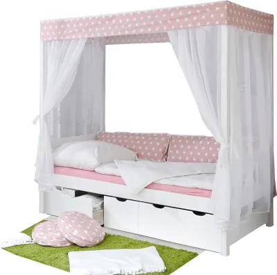 Produktbild von Himmelbett Maria Massivholz Kiefer inkl.Tüll-Set Rosa Weiß