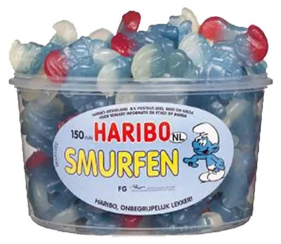 Productafbeelding van Haribo Fruitgummie Smurfen, 150 stuks in een blik