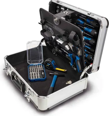 Produktbild von Scheppach TB150 Aluminium Werkzeugkoffer gefüllt 101-tlg Werkzeug Set | Schraubenschlüssel, Hammer, Zange, Schraubendreher | für Werkstatt & Haushalt