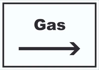 Produktbild von Gas Schild mit Text und Richtungspfeil rechts Anschluss waagerecht A5 (148x210mm)