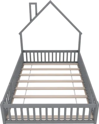 A gray wooden house-shaped bed frame with a slatted base, shown from a slightly elevated front-side angle against a white background.