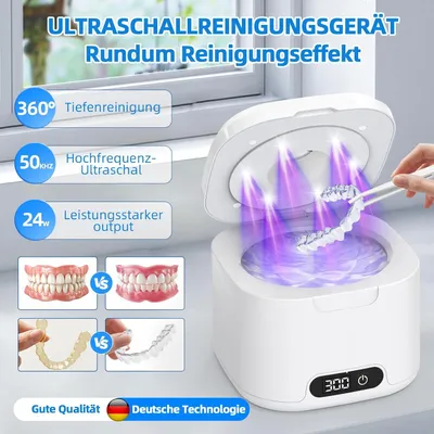 Produktbild von Ultraschallreiniger, Ultraschallreinigungsgerät, 50000Hz Ultrasonic Cleaner, 340ML Ultraschallgerät mit 6 UV-Licht & 4 Modes, für Zahnersatz, Retainer
