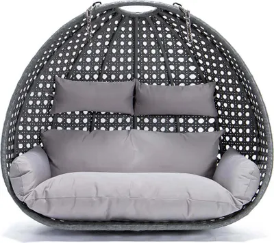 Produktbild von Home Deluxe Hängesessel Korb TWIN, Polyrattan Grau, inkl. Sitz- & Rückenkissen, für 2 Personen, 250 kg Tragkraft, Korbmaße: 145H x 74T x 126B cm