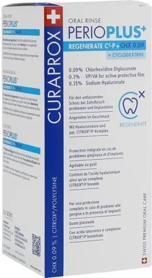 A product box for Curaprox Perio Plus+ Regenerate oral rinse.
