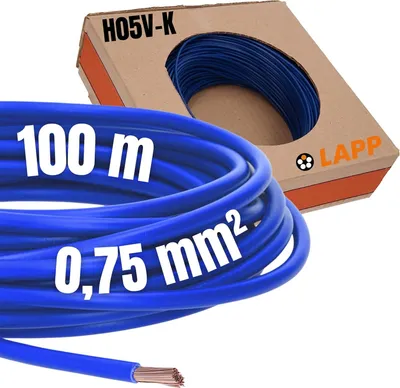 A roll of blue electrical wire is shown in the foreground, with a cardboard box containing more wire in the background.