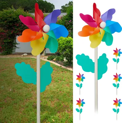 Produktbild von Windrad 6er Set Ø11cm H30cm Holzstab Kunststoff bunt Windmühle Windspiel Gartendekoration