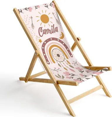 A personalized beach chair with a boho-themed print.
