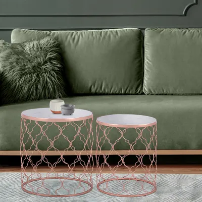 Produktbild von WOMO-DESIGN Beistelltisch 2er Set Phoenix I Ø40/Ø45 cm, in Weiß Banswara Marmor/Kupfer Metall