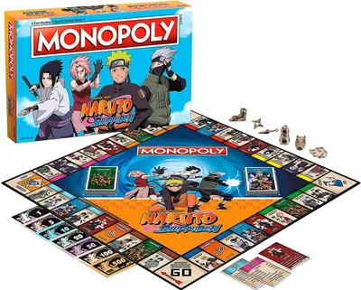 A Naruto Shippuden themed Monopoly board game and its box are displayed on a white background.