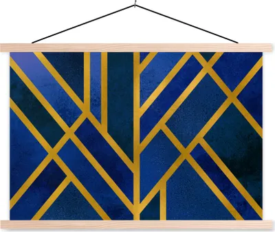 Produktbild von MuchoWow® Textilposter Gold - Blau - Muster 120x80 cm mit holzfarbenen Rahmen - Aufhängeset