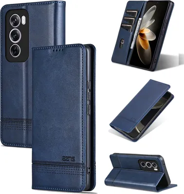 Image de Etui en cuir pour Oppo Reno12, étui portefeuille pliable avec fermeture magnétique et support bleu