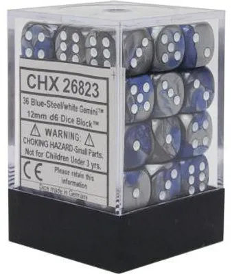 Produktbild von Chessex Gemini Blau-Stahl/Weiß D6 12mm Würfelset (36 Stück)