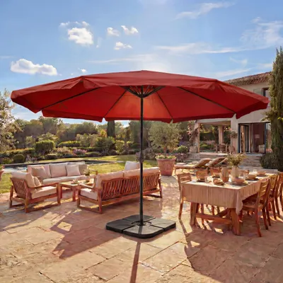 Produktbild von Sonnenschirm Carpi Pro, Gastronomie Marktschirm mit Volant Ø 5m Polyester/Alu 28kg bordeaux mit Ständer