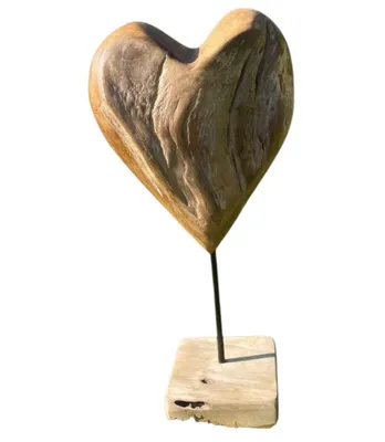 Produktbild von Holzherz auf Ständer - Herzskulptur - 20 cm - Handarbeit Teak - Herz aus Holz - Holzherz stehend