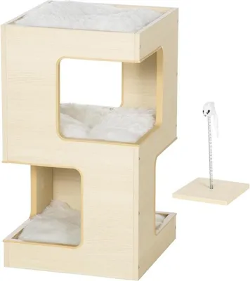Immagine prodotto di Cuccia per gatti, a due piani, con giocattoli inclusi, 34 cm x 34 cm x 60 cm, color naturale + grigio chiaro