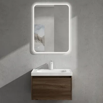 Produktbild von doporro Badmöbelset Waschbecken-Unterschrank mit Soft-close in Eiche Stirling für Badezimmer 60x50X40cm inkl. Mineralguss-Waschbecken und LED-Spiegel Salerno