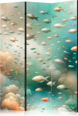 Produktbild von 3-teiliger Doppelseitiger Vlies Paravent - Spectacular Underwater Landscape - Fish in an Underwater World in Turquoise Blue Beige and Delicate Orange Colors 135x172 cm Tiere g-H-10116-z-a