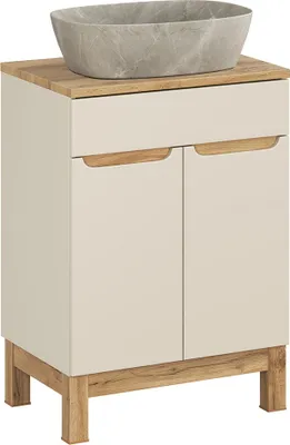 Produktbild von Badezimmer-Waschtisch 60 cm in kaschmir und Eiche mit Aufsatzwaschbecken, 2-türig - SOLNA-56-CASHMERE