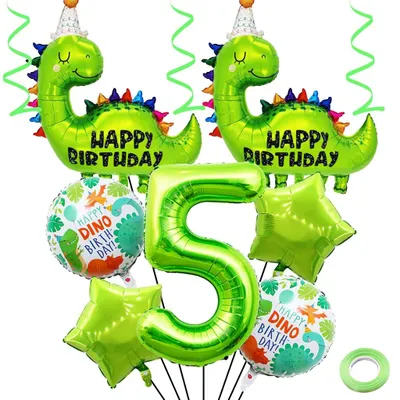 Dino-Geburtstagsballon-Set, grün, Zahl 5, Folienballons