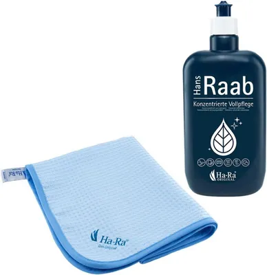 Produktbild von Ha-Ra Fenster-Putz-Set I Konzentrierte Vollpflege 500 ml I Hammer Microfaser-Tuch in 50 x 67 cm I Fenster Reinigungsset I Vollpflege-Konzentrat &