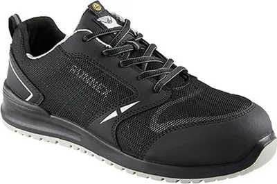 A single black safety shoe is shown from a side-diagonal angle against a white background.