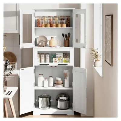 Produktbild von Badezimmerschrank, 170 cm hoher Aufbewahrungsschrank mit verstellbaren Ablagen und Glastüren, moderner Schrank für kleine Räume in Küche, Badezimmer und Wohnzimmer, Weiß