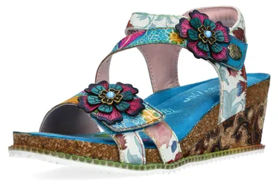 Produktbild von Laura Vita Damen Sandalette aus Leder mit floralem Muster Bonito 32, Größe:37 EU, Farbe:Türkis