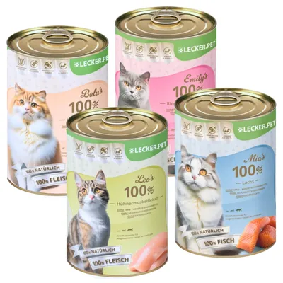 Produktbild von 24 x 400 g Lecker.Pet® Balu’s, Emily's, Leo's & Mia's 100 % Fisch & Fleisch Katzenfutter Nassfutter Mix